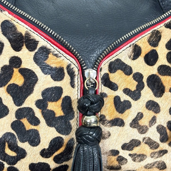 Aqua Madonna Leopard Calf Hair Large Leather Shoulder Bag Red Tassel Zip Satchel - Picture 2 of 15